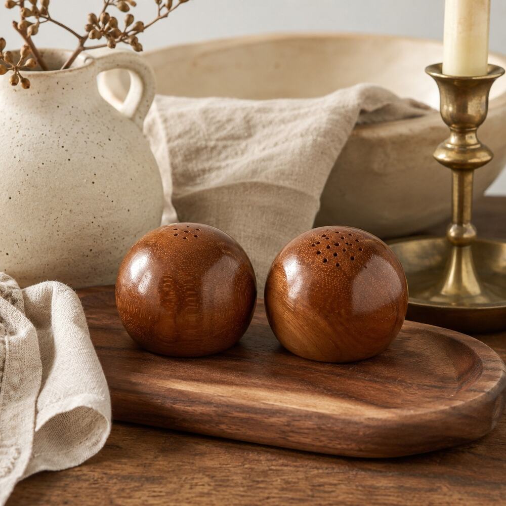 Vintage MCM Turned Wood Ball Salt & Pepper Shakers